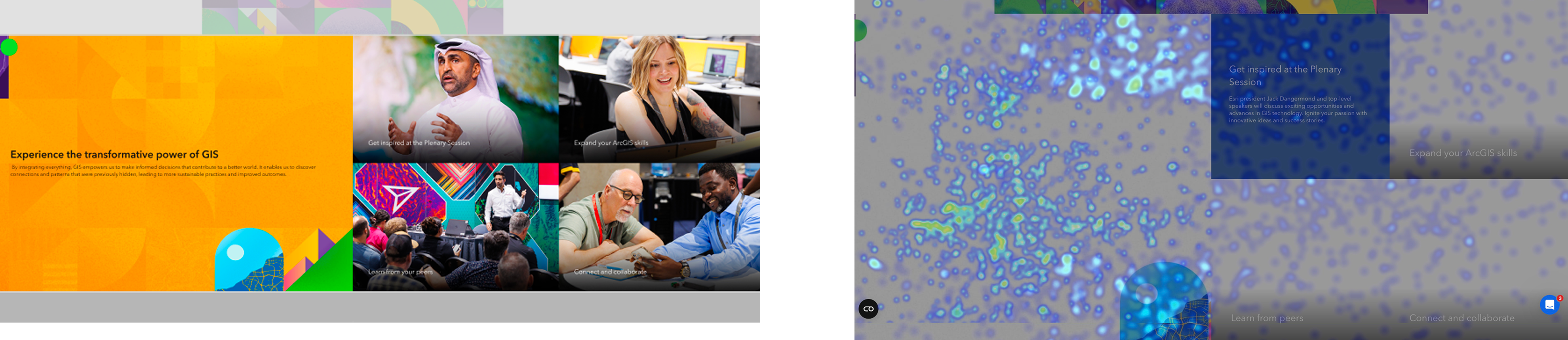Esri UC event page shown alongside its Mouseflow interaction visualization, showing limited activity around the promotional tiles